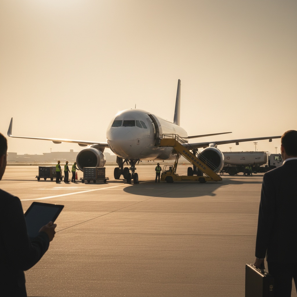 Avión de pasajeros Ryanair en puerta de embarque al atardecer