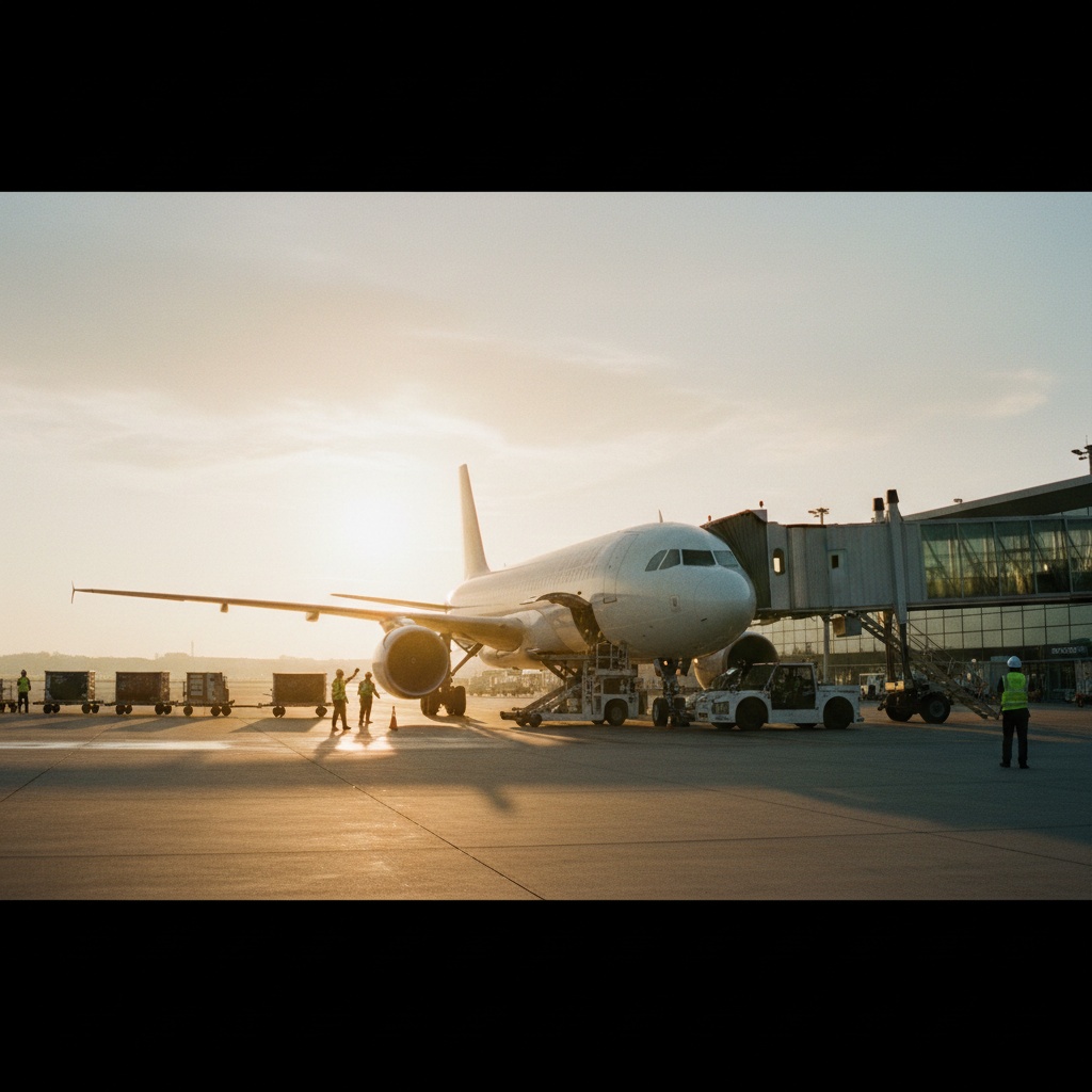 Avión de pasajeros Vueling en puerta de embarque al atardecer