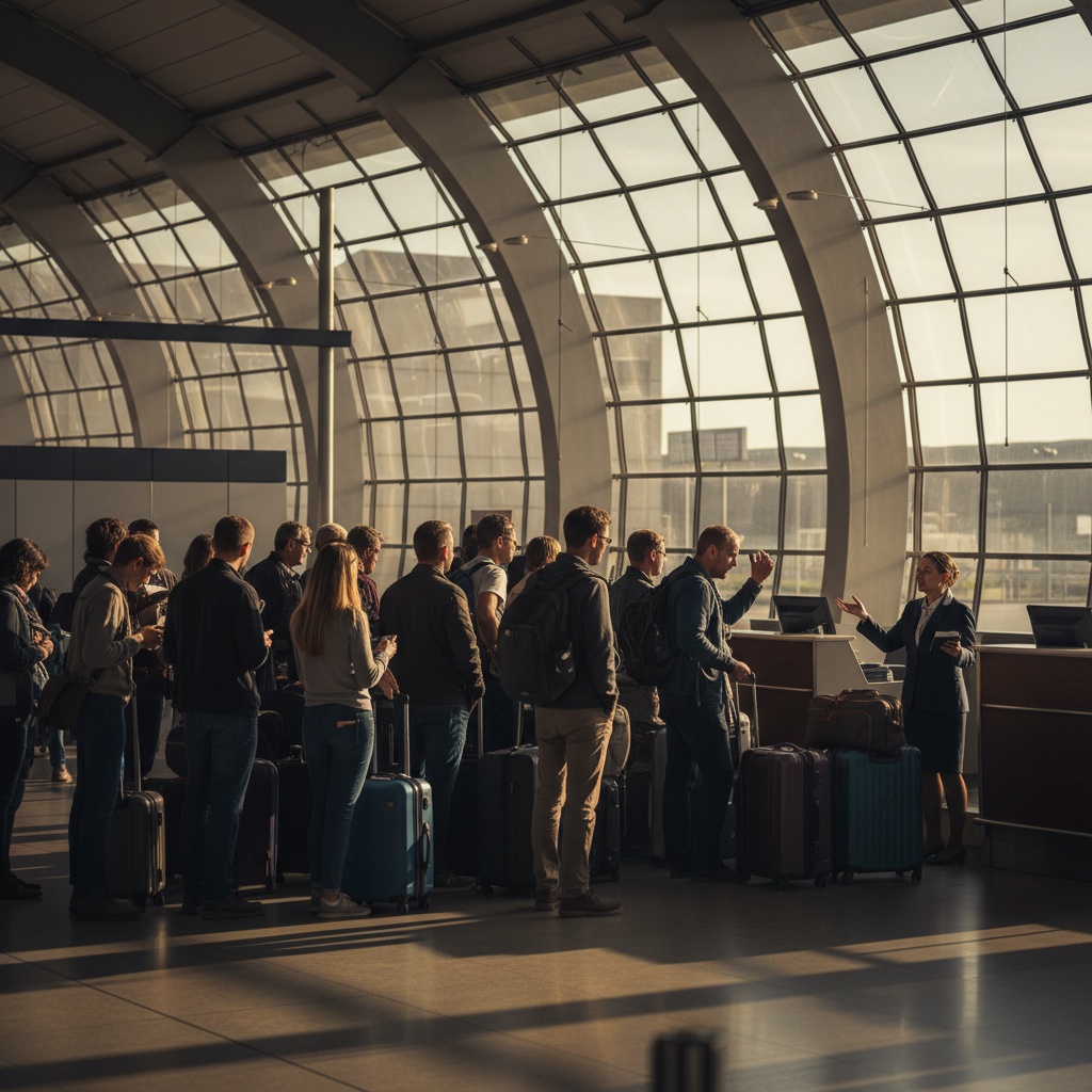 Mostrador de facturación con cola larga — overbooking y denegación de embarque