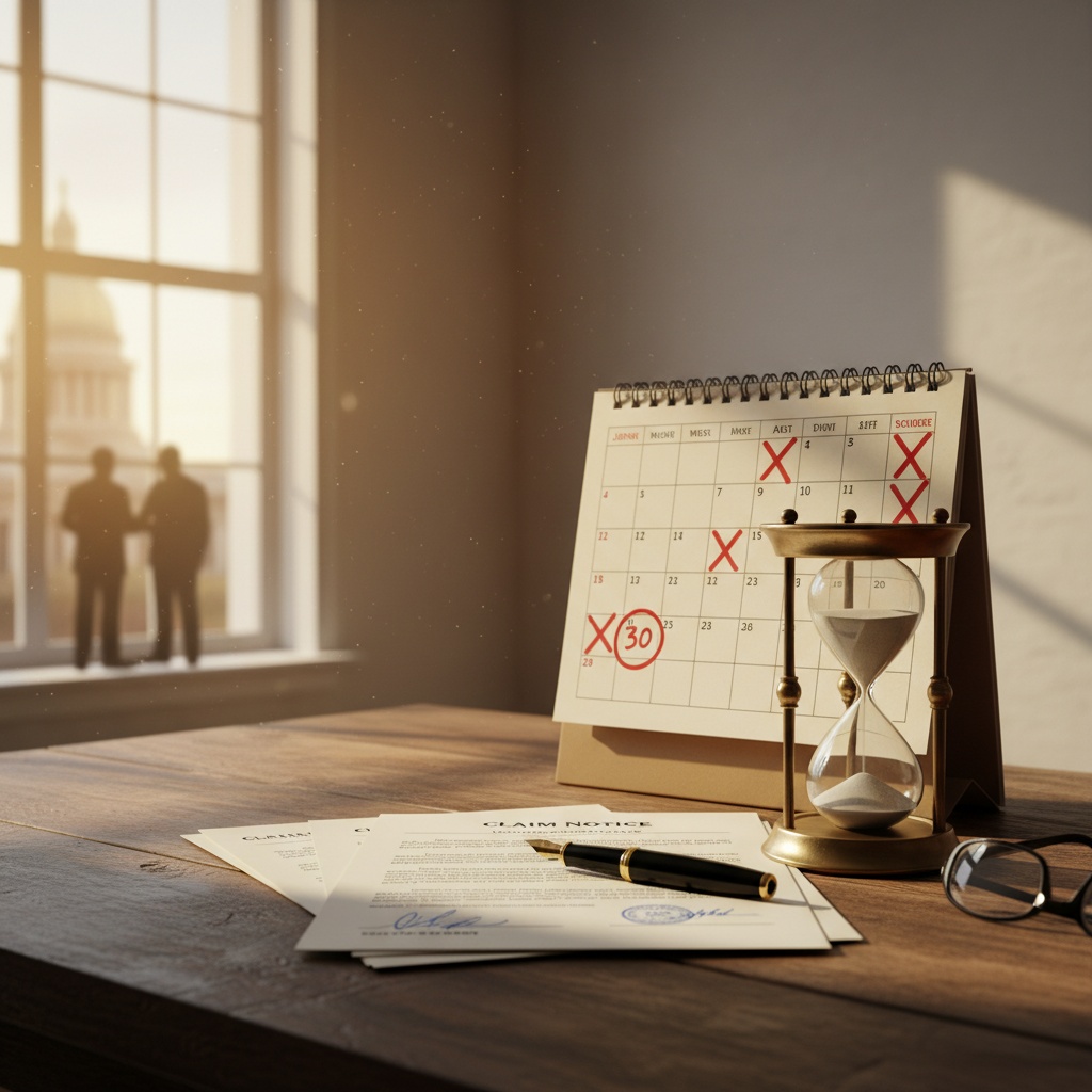 Calendario con meses tachados, reloj de arena y documentos legales — prescripción del derecho