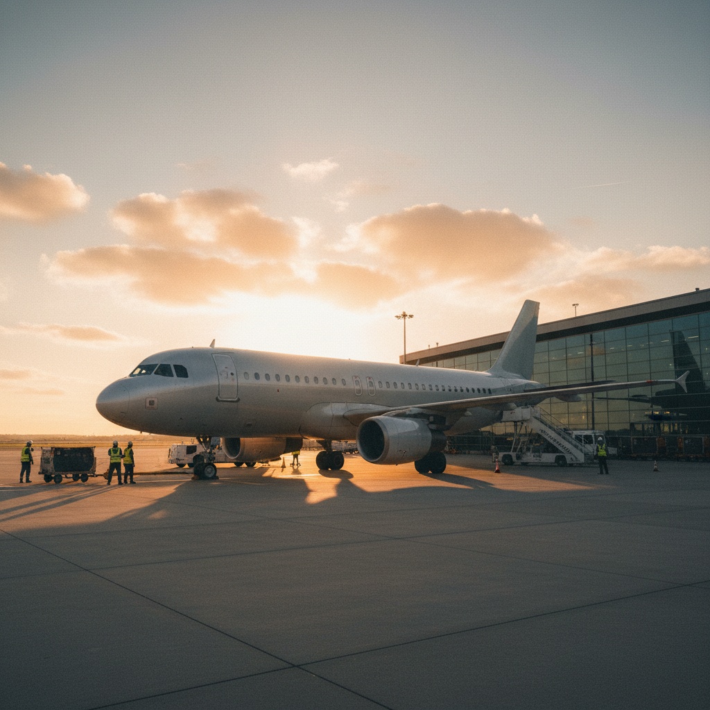 Avión de pasajeros Volotea en puerta de embarque al atardecer