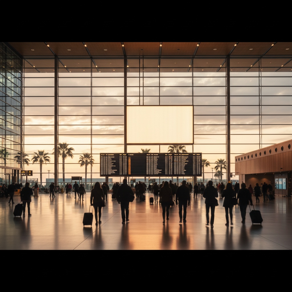 Aeropuerto Palma de Mallorca (PMI) — interior moderno con paneles de salidas