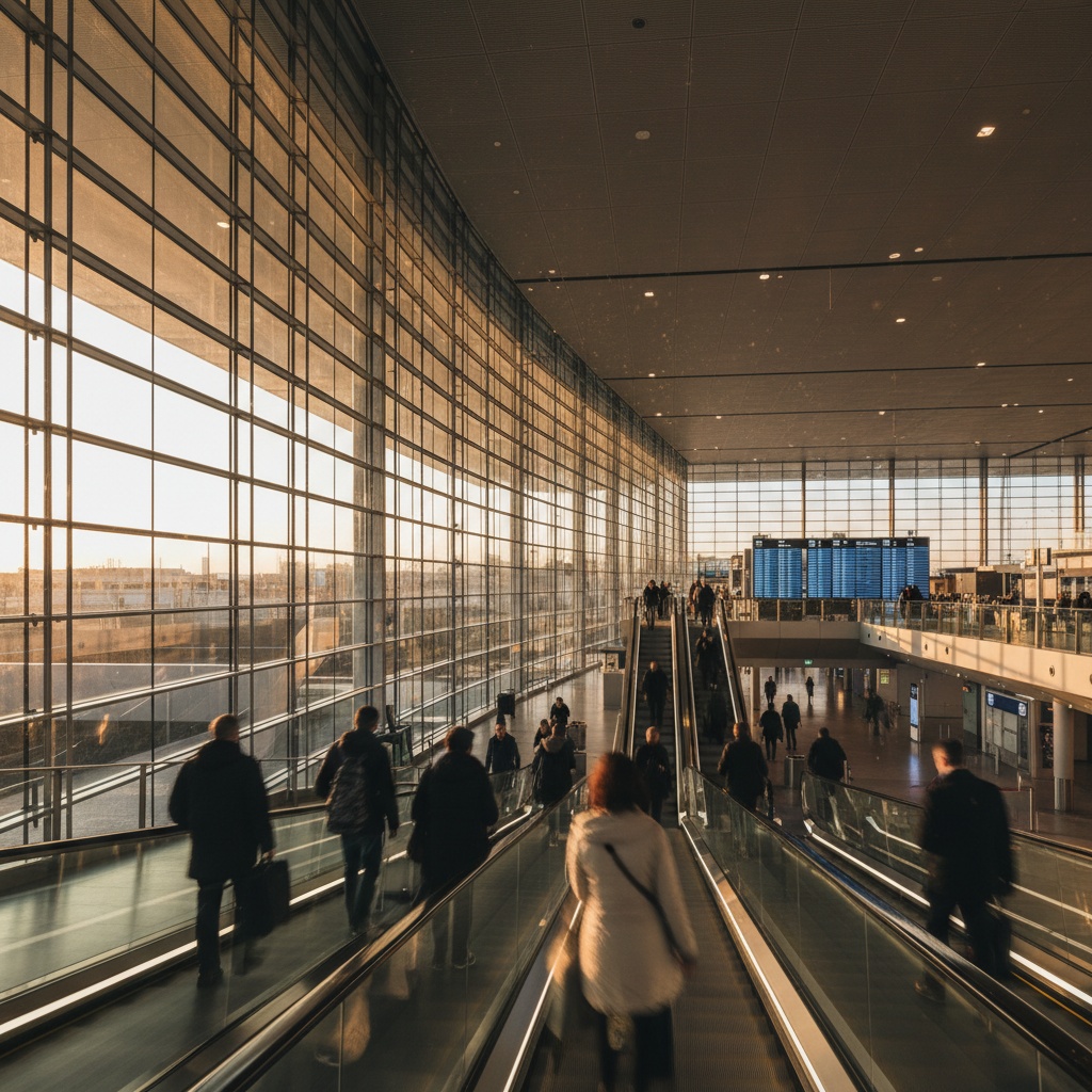 Aeropuerto the airport — interior moderno con paneles de salidas